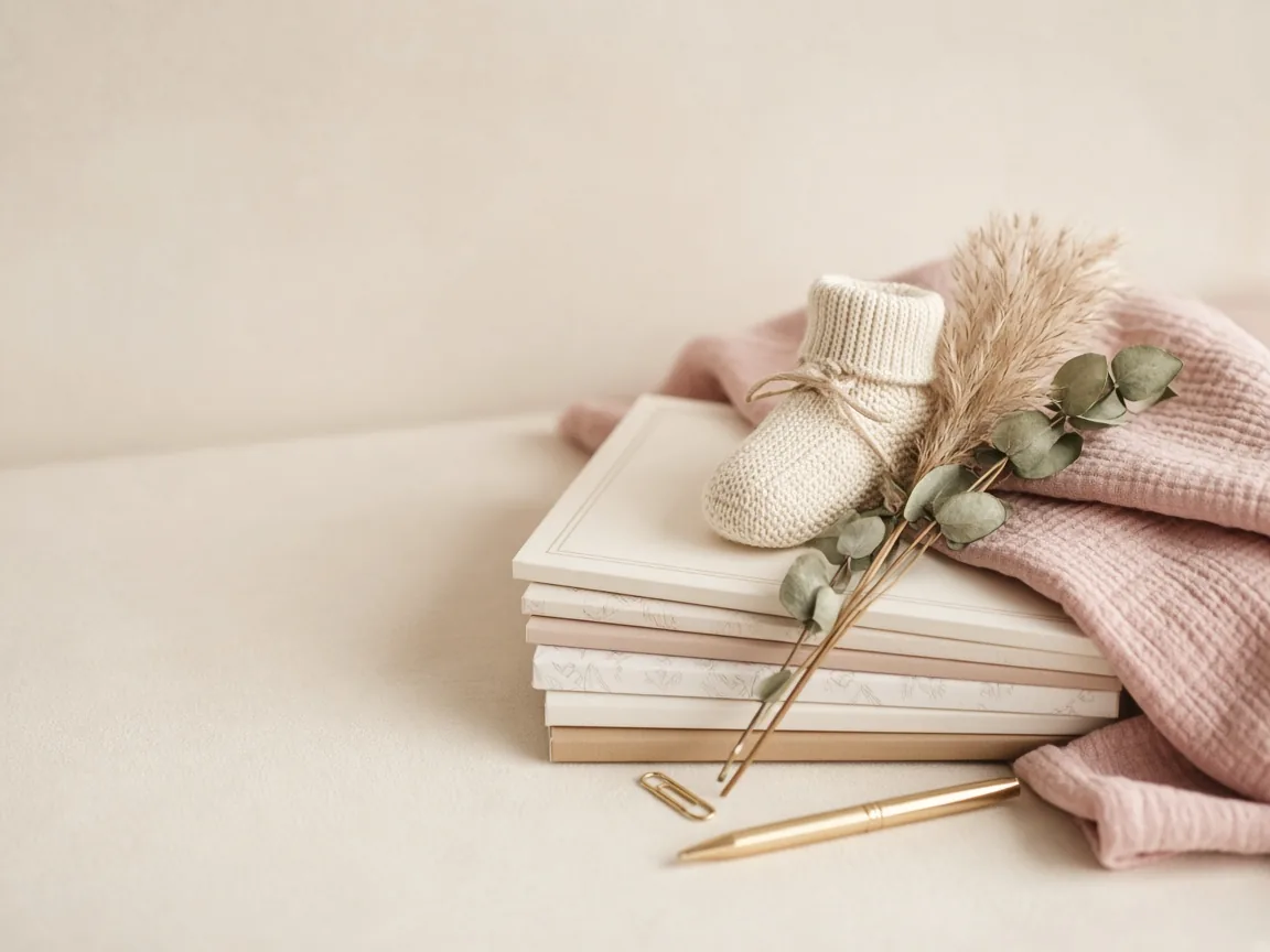 A stack of cream paper planners with a knitted baby bootie, blush muslin swaddle, eucalyptus and a gold pen